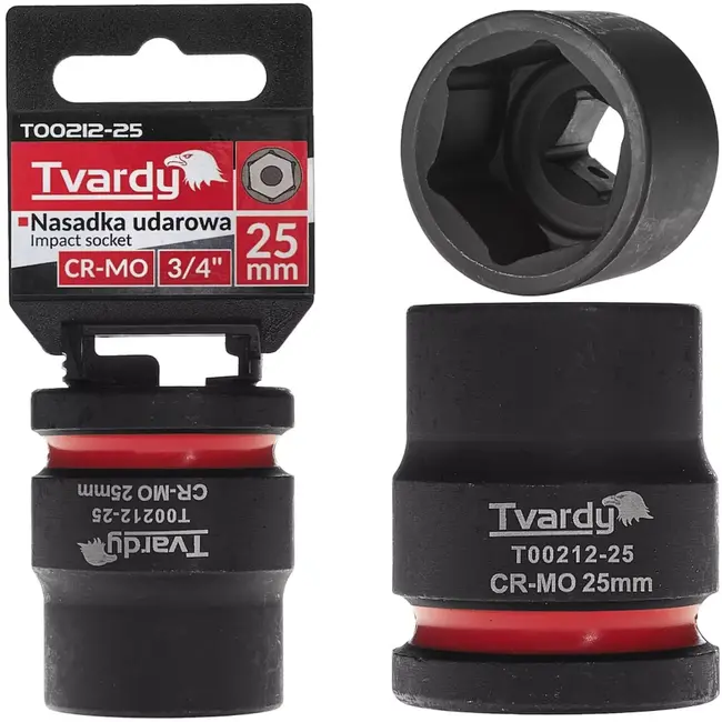 Tvardy Slagdop kort 25 mm zeskant, aansluiting 19 mm vierkant - chroom-molybdeenstaal (Cr-Mo) - zwart - voor slagmoersleutel - autowerkplaats, industrie en montage