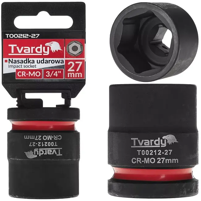 Tvardy Zeskant slagdop kort 27 mm - chroom-molybdeen staal - zwart - 19 mm vierkante aandrijving - voor slagmoersleutel in auto- en industriewerkplaatsen