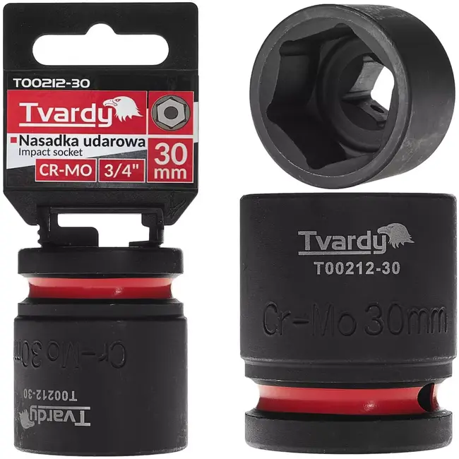 Tvardy Slagdop 6-kant 30 mm - chroom-molybdeen steel - kort model - 19 mm vierkantaansluiting - zwart - voor slagsleutels, auto- en industriewerk