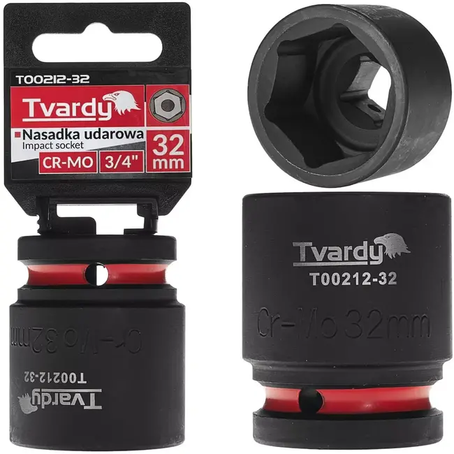Tvardy Slagdop kort zeskant 32 mm - chroom-molybdeenstaal - aandrijving vierkant 19 mm - zwart - voor slagmoersleutel - auto, industrie en bouw