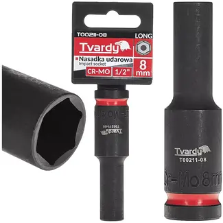 Tvardy Lange slagdop 8 mm - chroom-molybdeenstaal - 6-kant - vierkante aansluiting 12,7 mm - zwart - voor slagmoersleutel, auto en industrie