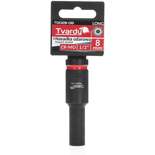 Tvardy Lange slagdop 8 mm - chroom-molybdeenstaal - 6-kant - vierkante aansluiting 12,7 mm - zwart - voor slagmoersleutel, auto en industrie