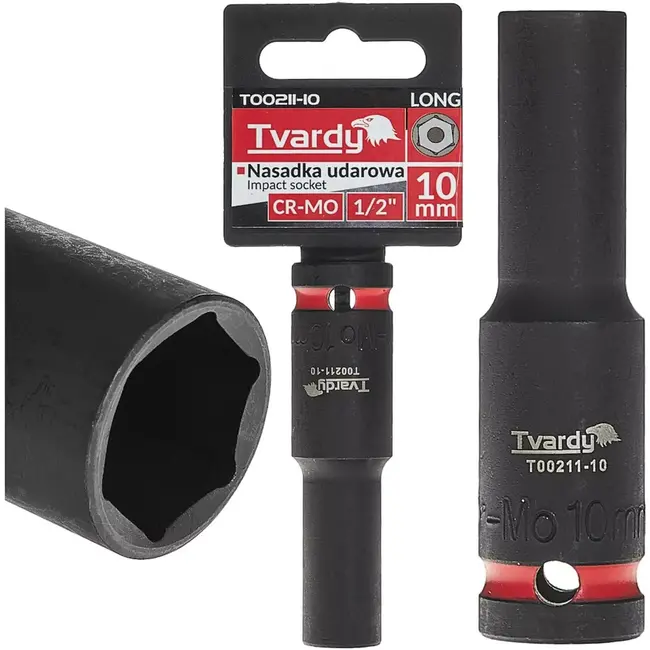 Tvardy Slagdop lang zeskant 10 mm - chroom-molybdeen staal - aansluiting 12,7 mm - zwart - voor slagmoersleutel en moeilijk bereikbare moeren