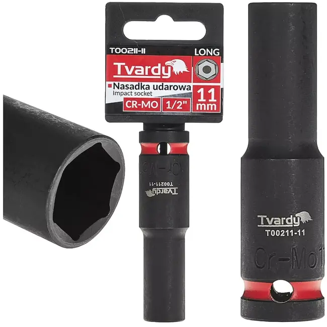 Tvardy slagdop lang zeskant 11 mm - chroom-molybdeenstaal - aansluiting 12,7 mm vierkant - zwart - voor slagmoersleutel, auto en industrie