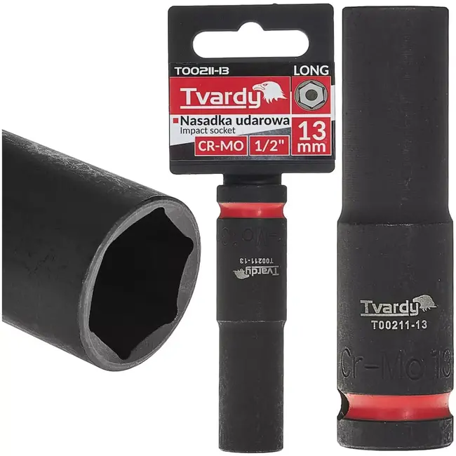 Tvardy Diepe slagdop 13 mm 6-kant - chroom-molybdeenstaal - aandrijving 12,7 mm vierkant - zwart - voor slagmoersleutel en moeilijk bereikbare plekken
