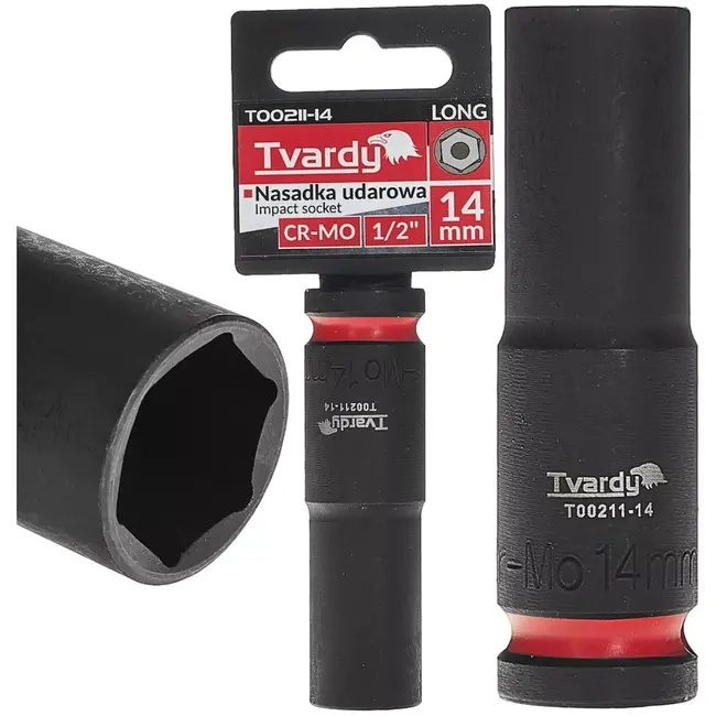 Tvardy slagdop lang 14 mm 6-kant - chroom-molybdeenstaal - slagvast - aandrijving 12,7 mm vierkant - zwart - voor slagsleutels, auto en industrie, diepe nissen