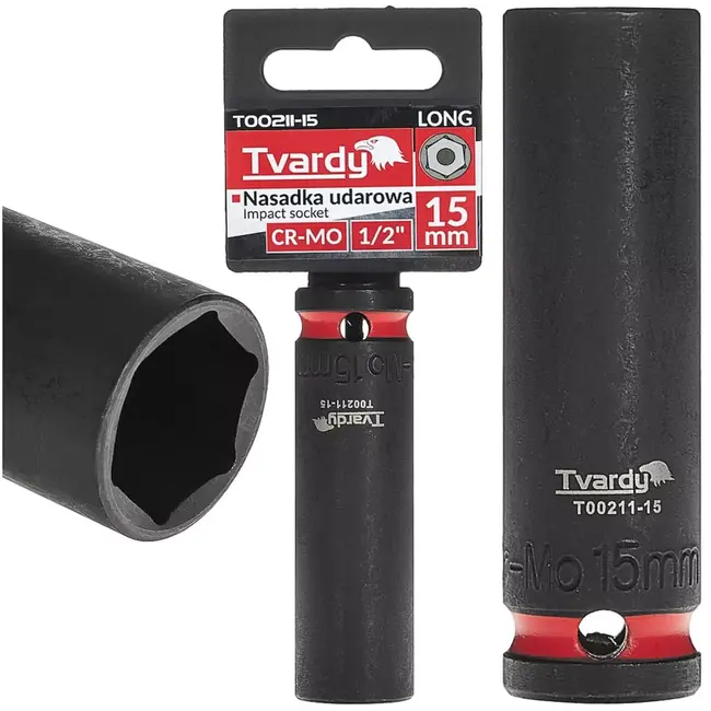 Tvardy Lange slagdop zeskant 15 mm - chroom-molybdeenstaal - vierkante aandrijving 12,7 mm - zwart - voor slagmoersleutel, auto en industrie, professioneel gebruik