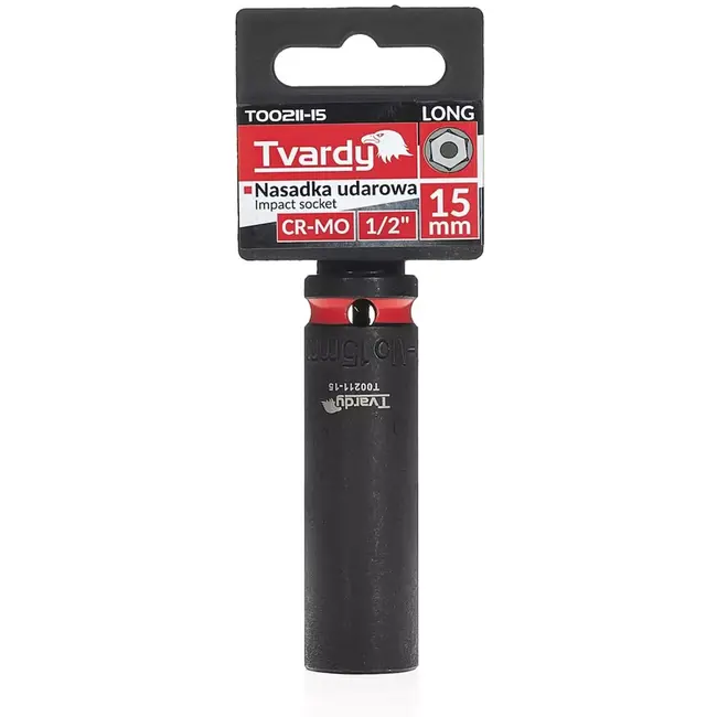 Tvardy Lange slagdop zeskant 15 mm - chroom-molybdeenstaal - vierkante aandrijving 12,7 mm - zwart - voor slagmoersleutel, auto en industrie, professioneel gebruik