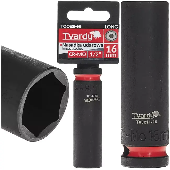 Tvardy slagdop lang zeskant 16 mm - chroom-molybdeen staal - 12,5 mm vierkant - zwart - voor slagmoersleutel, diepe nissen en auto- en industrieel gebruik