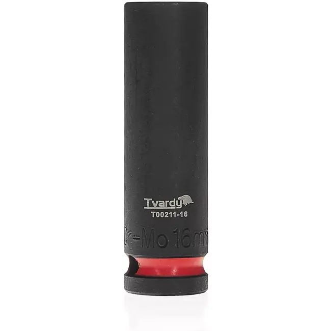 Tvardy slagdop lang zeskant 16 mm - chroom-molybdeen staal - 12,5 mm vierkant - zwart - voor slagmoersleutel, diepe nissen en auto- en industrieel gebruik