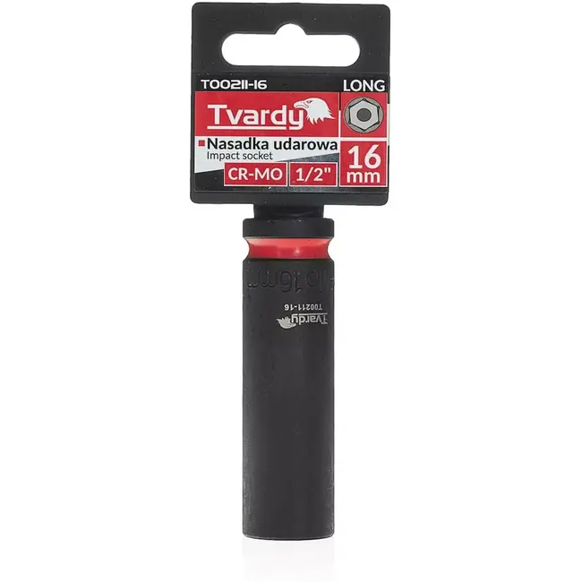 Tvardy slagdop lang zeskant 16 mm - chroom-molybdeen staal - 12,5 mm vierkant - zwart - voor slagmoersleutel, diepe nissen en auto- en industrieel gebruik