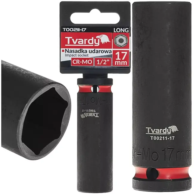 Tvardy lange slagdop zeskant 17 mm - chroom-molybdeenstaal - 12,7 mm vierkant aandrijving - zwart - voor slagmoersleutel, diepliggende moeren, auto en industrie