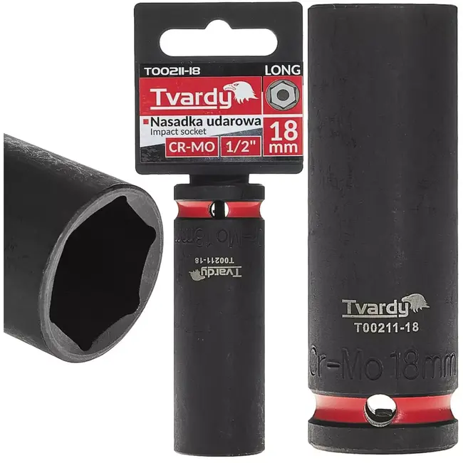 Tvardy Diepe slagdop zeskant 18 mm - chroom-molybdeenstaal - aandrijfvierkant 12,7 mm - zwart - voor slagmoersleutels, auto en industrie