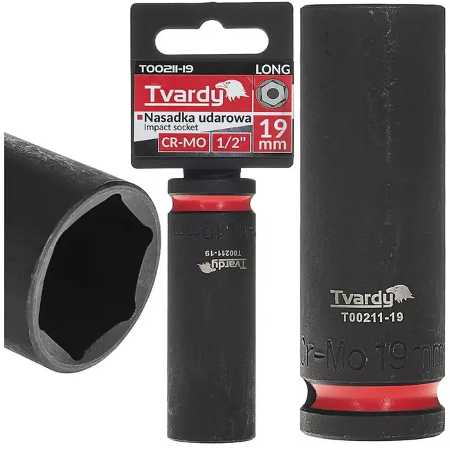 Tvardy Slagdop lang zeskant 19 mm - chroom-molybdeenstaal (Cr-Mo) - 12,7 mm vierkante opname - voor slagmoersleutel - voor auto- en staalconstructiewerk