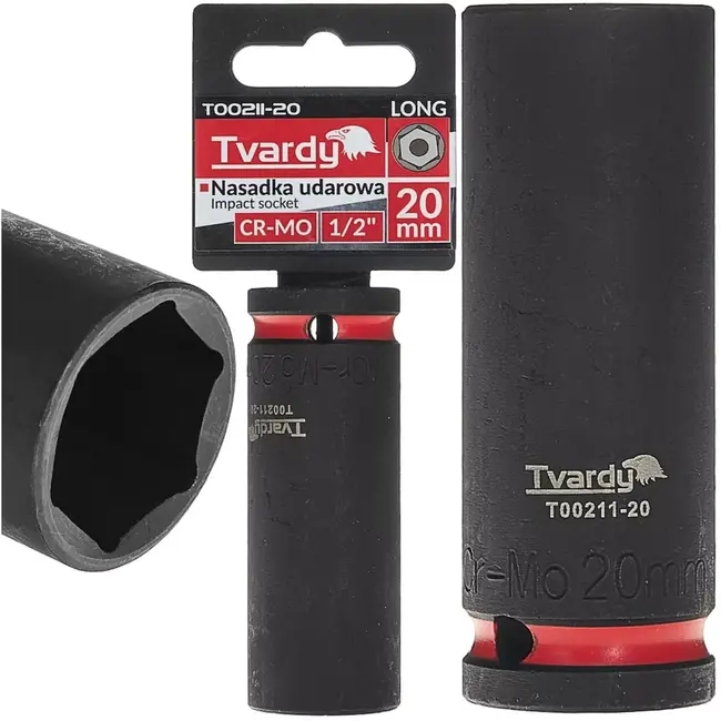 Tvardy slagdop lang zeskant 20 mm - chroom-molybdeenstaal - aansluiting 12,7 mm - zwart - voor slagmoersleutel en lastig bereikbare moeren