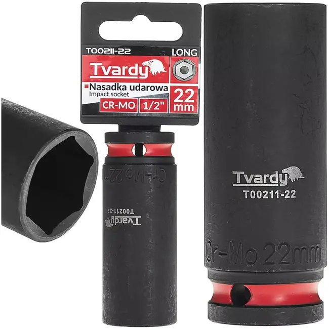 Tvardy slagdop lang zeskant 22 mm - chroom-molybdeenstaal - aansluiting 12,7 mm - zwart - voor slagmoersleutel, diep liggende moeren en industrieel gebruik