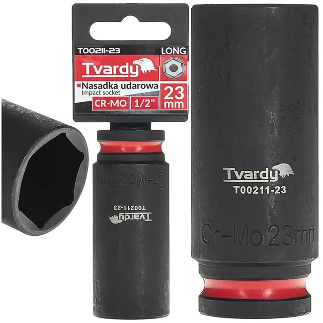 Tvardy Lange slagdop zeskant 23 mm - chroom-molybdeenstaal - aansluiting 12,5 mm - zwart - voor slagmoersleutels, diepliggende moeren, auto en industrie