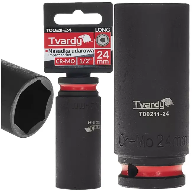Tvardy Slagdop zeskant lang 24 mm - chroom-molybdeen staal - slagvast voor krappe ruimtes - zwart - voor autowerkplaats, industrie en bouw