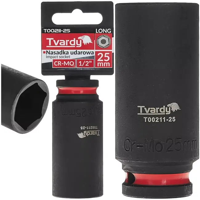 Tvardy Slagdop lang zeskant 25 mm – chroom-molybdeenstaal – vierkante opname 12,7 mm – zwart – voor slagmoersleutel, auto en industrie