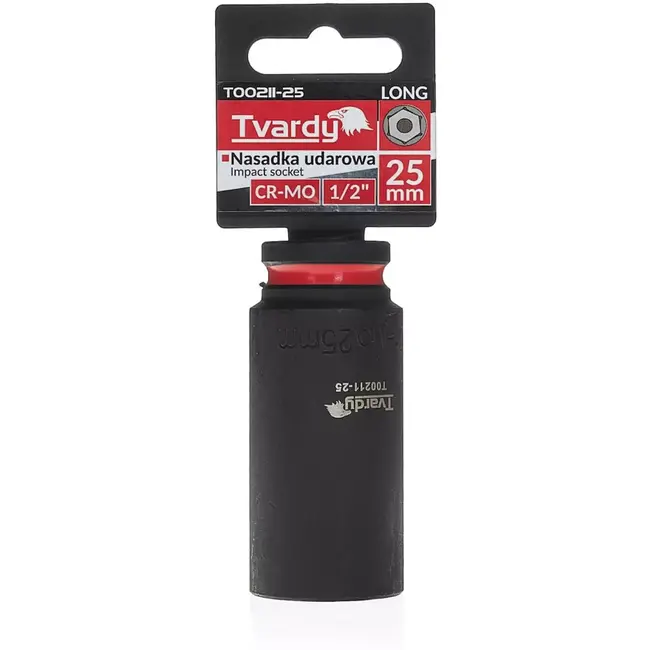 Tvardy Slagdop lang zeskant 25 mm – chroom-molybdeenstaal – vierkante opname 12,7 mm – zwart – voor slagmoersleutel, auto en industrie