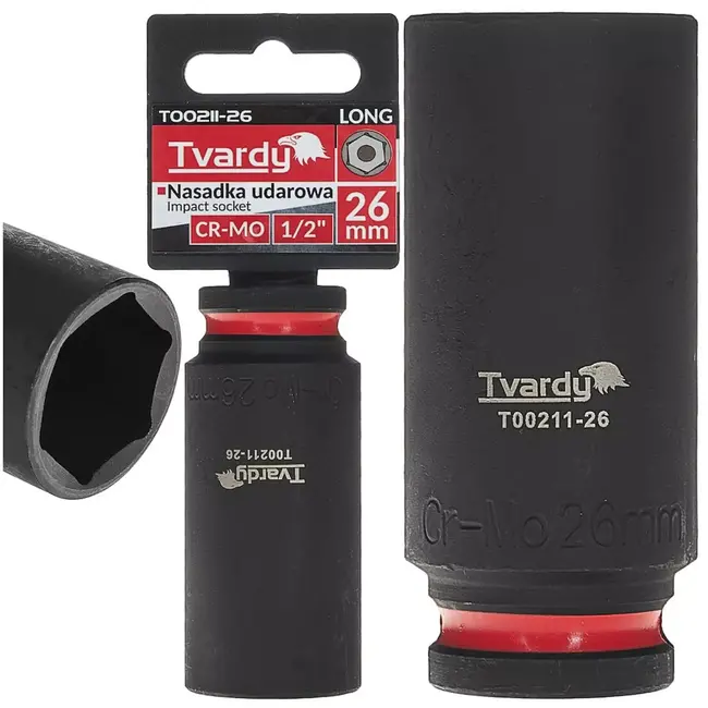 Tvardy slagdop lang zeskant 26 mm – chroom-molybdeenstaal – 12,7 mm vierkant aansluiting – zwart – slagvast voor slagmoersleutel, auto- en industrieel gebruik