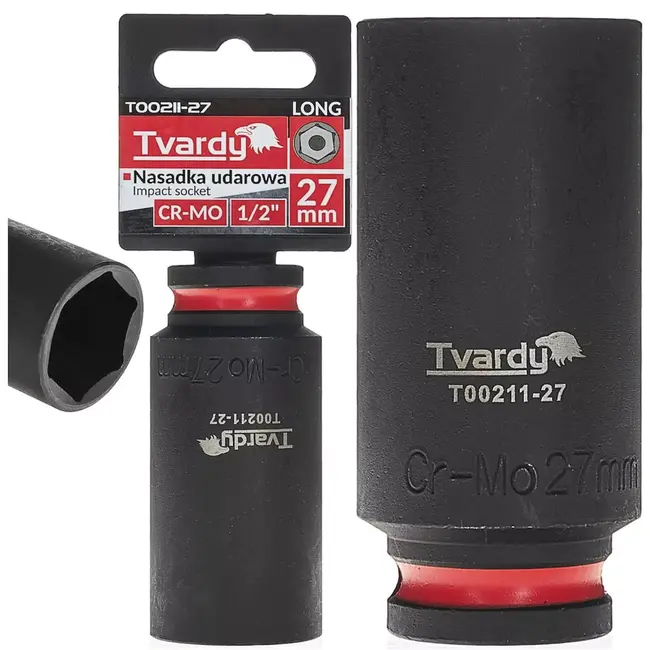 Tvardy Slagdop lang 27 mm zeskant - chroom-molybdeenstaal - aandrijving 12,7 mm - voor diepliggende bouten en moeren - slagmoersleutel, auto en industrie - zwart