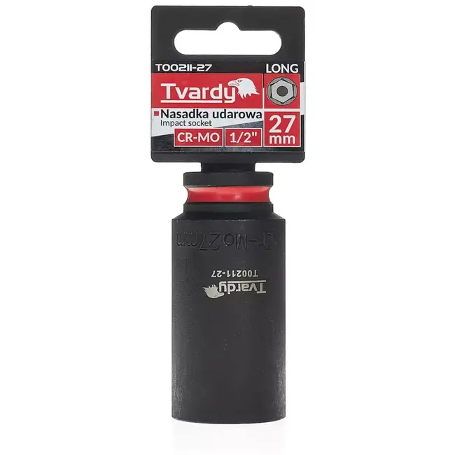 Tvardy Slagdop lang 27 mm zeskant - chroom-molybdeenstaal - aandrijving 12,7 mm - voor diepliggende bouten en moeren - slagmoersleutel, auto en industrie - zwart