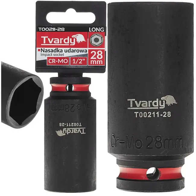 Tvardy Slagdop lang 6-kant 28 mm - chroom-molybdeenstaal - vierkante opname 12,7 mm - zwart - voor slagmoersleutel, auto- en industriewerk, diepe uitsparingen