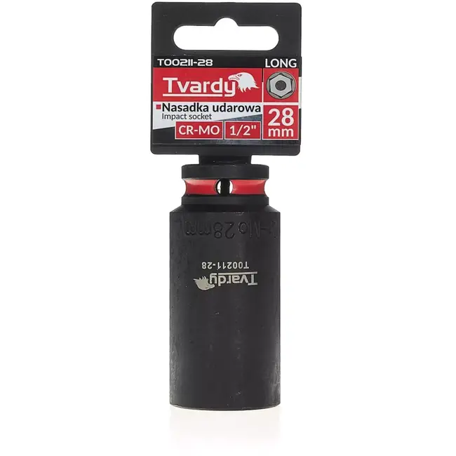 Tvardy Slagdop lang 6-kant 28 mm - chroom-molybdeenstaal - vierkante opname 12,7 mm - zwart - voor slagmoersleutel, auto- en industriewerk, diepe uitsparingen