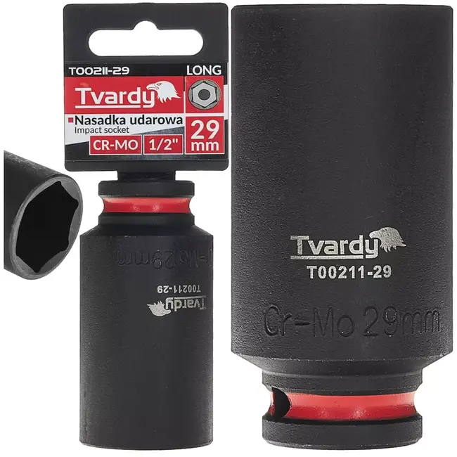 Tvardy lange slagdop zeskant 29 mm - chroom-molybdeenstaal - vierkantaandrijving 12,7 mm - zwart - voor slagmoersleutel en diep verzonken moeren