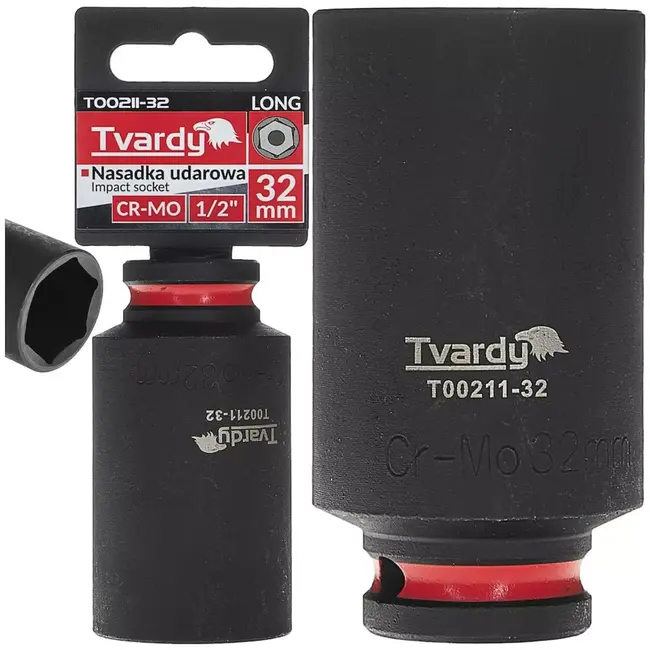 Tvardy lange slagdop zeskant 32 mm - chroom-molybdeenstaal - vierkante opname 12,7 mm - zwart - voor slagmoersleutel, diep bereik in auto en industrie