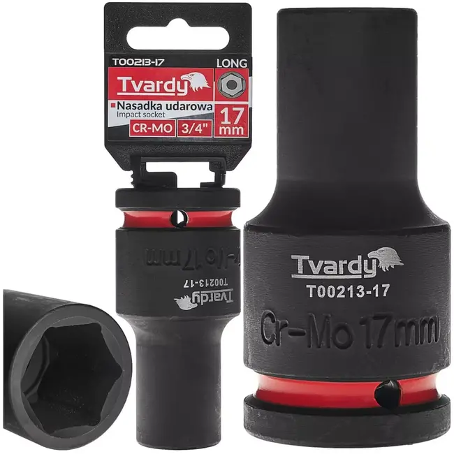 Tvardy Slagdop lang zeskant 17 mm - chroom-molybdeenstaal - aandrijving 19 mm vierkant - zwart - voor slagmoersleutel, diepe nissen, auto en industrie