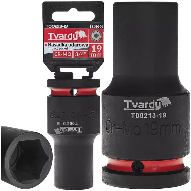 Tvardy Slagdop lang 19 mm zeskant - chroom-molybdeenstaal - aandrijving 19 mm vierkant - zwart - slagvast voor slagmoersleutel, auto en industrie