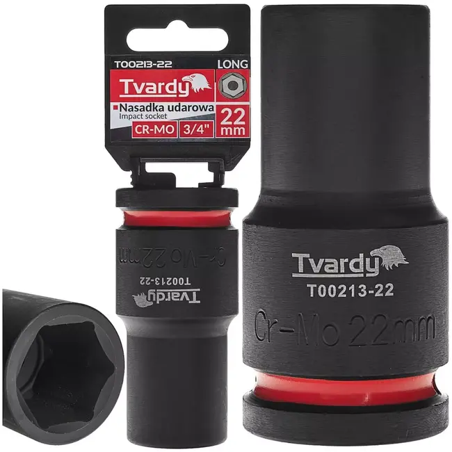 Tvardy lange zeskant slagdop 22 mm - chroom-molybdeenstaal - aansluiting 19 mm - zwart - voor slagmoersleutel, auto en industrie