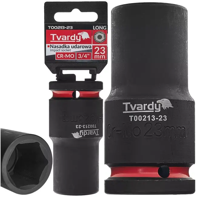 Tvardy slagdop lang zeskant 23 mm - chroom-molybdeenstaal - vierkante aansluiting 19 mm - zwart - voor slagmoersleutel, auto- en industriewerk