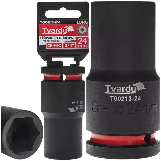 Tvardy Lange slagdop zeskant 24 mm - chroom-molybdeenstaal - aandrijfvierkant 19 mm - lang bereik voor slagmoersleutel - zwart - voor auto en industrie