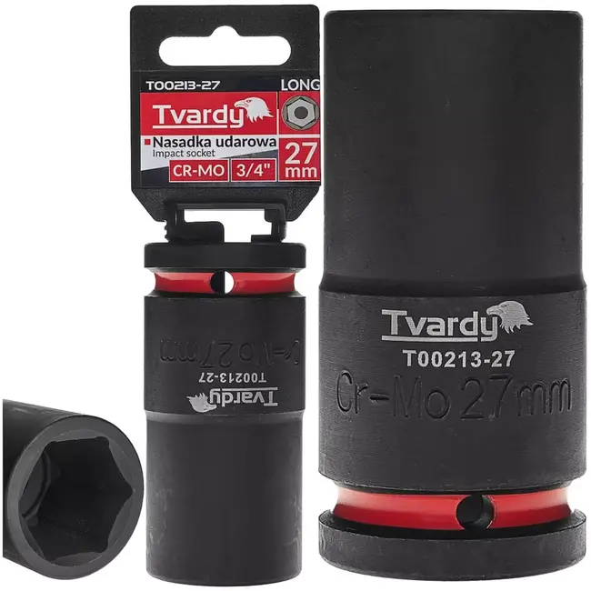 Tvardy Slagdop lang zeskant 27 mm - chroom-molybdeenstaal - vierkante opname 19 mm - zwart - voor slagmoersleutel en diep liggende moeren in auto- en industriewerk