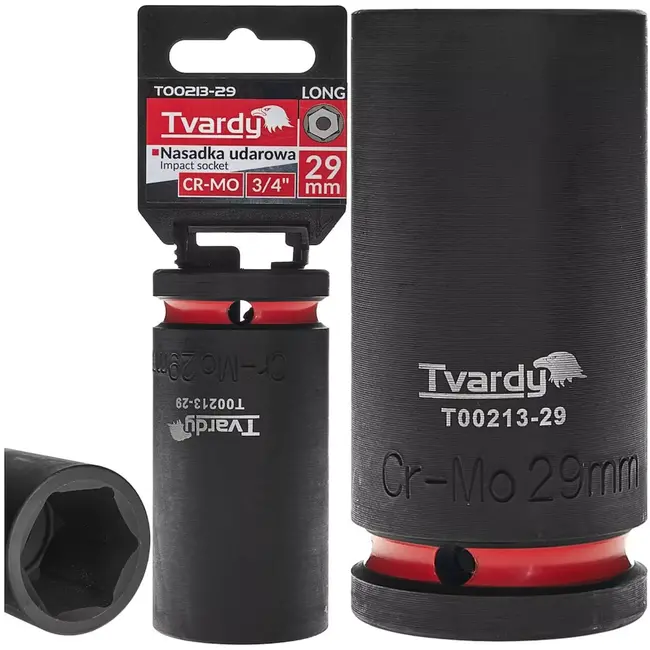 Tvardy Lange slagdop 29 mm - chroom-molybdeenstaal - zeskant - vierkante aandrijving 19 mm - zwart - voor slagmoersleutel, auto, staalconstructies, industrie