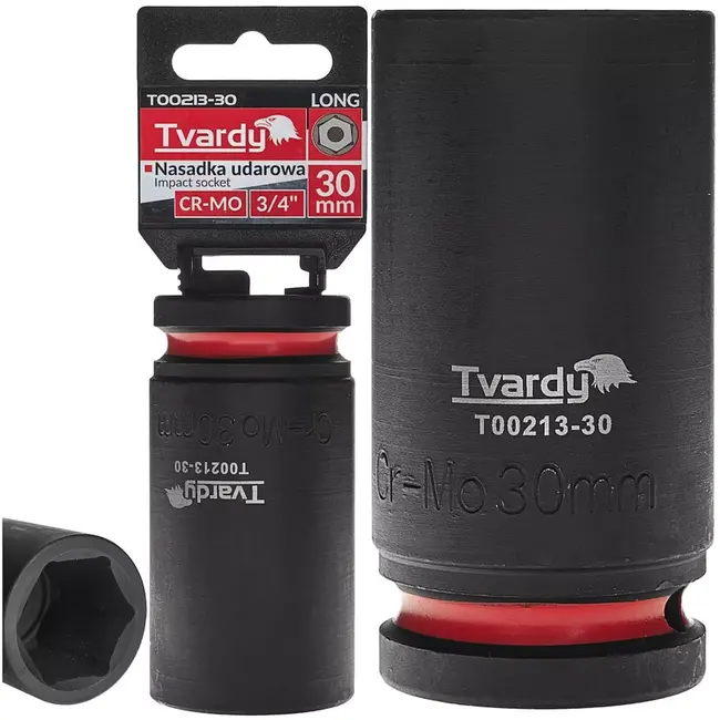 Tvardy slagdop lang zeskant 30 mm - chroom-molybdeenstaal - extra diep bereik voor diepliggende moeren - zwart - voor slagmoersleutel, auto en industrie