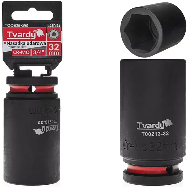 Tvardy Lange slagdop zeskant 32 mm - chroom-molybdeenstaal - vierkantaandrijving 19 mm - zwart - voor slagsleutels, auto- en industriewerk