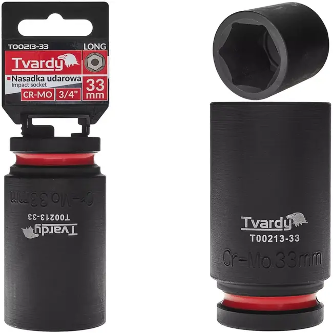 Tvardy Slagdop lang zeskant - chroom-molybdeen staal - diep bereik voor slagmoersleutel - 33 mm - zwart - autowerkplaats en staalconstructies