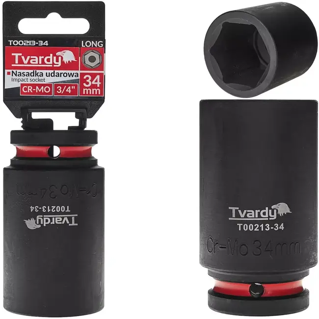 Tvardy Lange slagdop zeskant 34 mm - chroom-molybdeenstaal - zwart - voor slagmoersleutel en diepgelegen moeren - auto, staalbouw en industrie