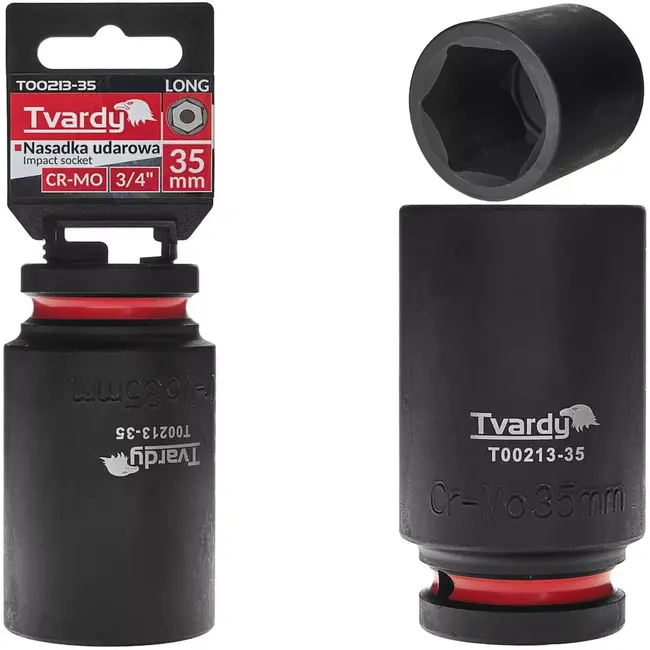 Tvardy Slagdop lang zeskant 35 mm - chroom-molybdeen staal - vierkante aansluiting 19 mm - zwart - voor slagmoersleutel, auto, bouw en industrie