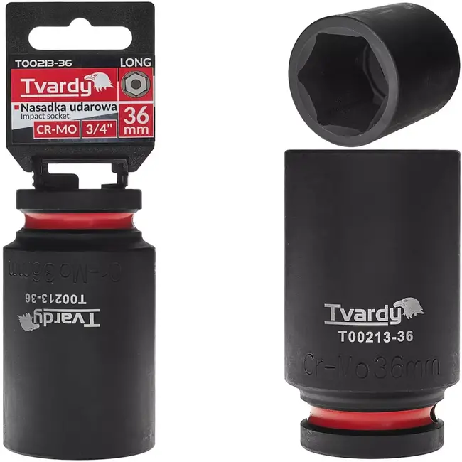 Tvardy Slagdop lang zeskant 36 mm – chroom-molybdeenstaal – opname 19 mm – zwart – voor slagmoersleutel, auto en industrie, moeilijk bereikbare plekken