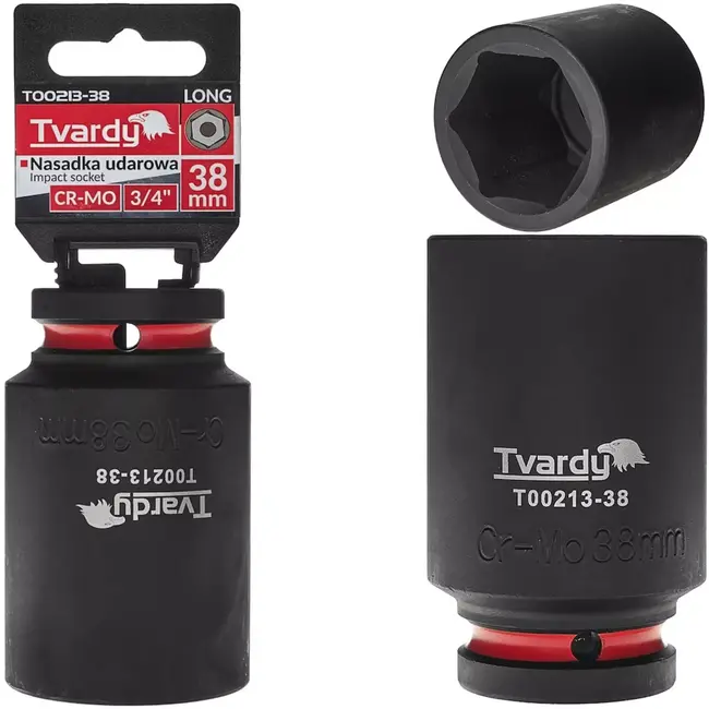 Tvardy Diepe slagdop zeskant 38 mm – chroom-molybdeenstaal – 19 mm vierkante aandrijving – zwart – slagvast voor slagmoersleutel en industrieel gebruik