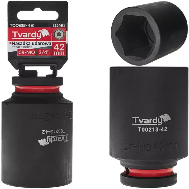 Tvardy Diepe slagdop zeskant 42 mm - chroom-molybdeenstaal - vierkante opname 19 mm - zwart - extra lang voor diepliggende moeren - voor slagmoersleutel en industrie