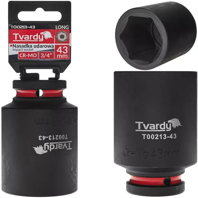 Tvardy Slagdop lang 6-kant - chroom-molybdeenstaal (Cr-Mo) - 43 mm - zwart - aansluiting 19 mm - voor slagsleutels in auto-, bouw- en industriewerk