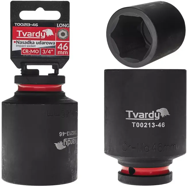 Tvardy Lange slagdop zeskant 46 mm - chroom-molybdeenstaal - vierkant 19 mm - zwart - voor slagmoersleutel, diepgelegen moeren, werkplaats en industrieel gebruik