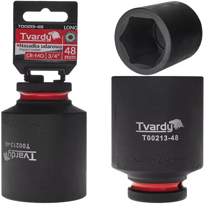 Tvardy Lange slagdop zeskant 48 mm - chroom-molybdeenstaal - 19 mm vierkante aandrijving - professioneel voor slagsleutel, diepe uitsparingen, auto en industrie