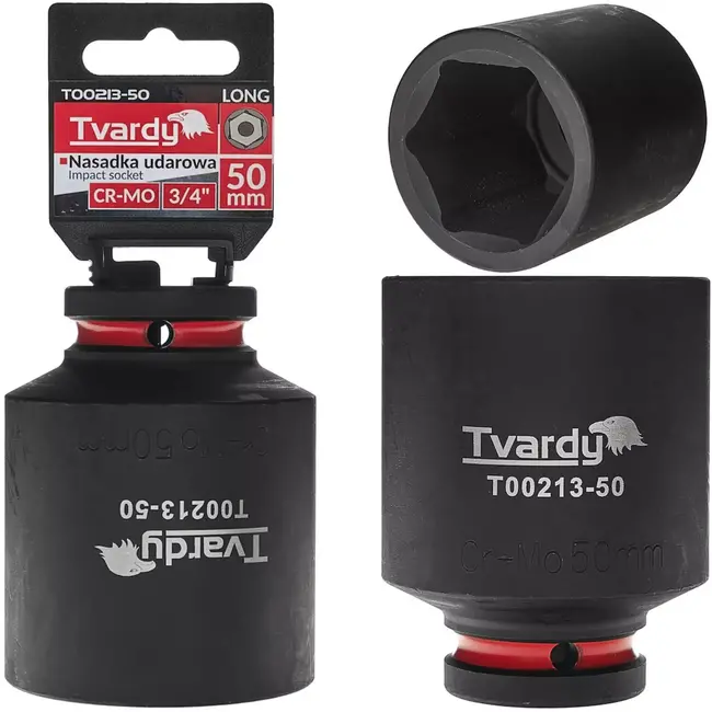 Tvardy lange slagdop zeskant 50 mm - chroom-molybdeenstaal - zwart - vierkante opname 19 mm - voor slagmoersleutels, auto- en constructiewerk